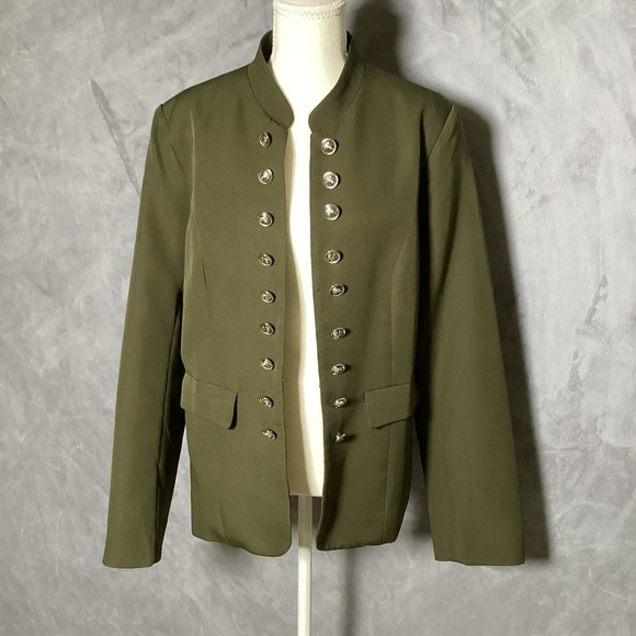 No Label Jackets & Blazers - Olive Green Military Style Jacket XL Silver Button Front Structured Blazer